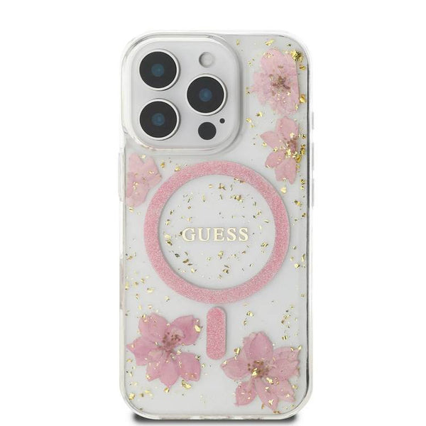 Guess Magsafe Hard Case With Resin Flowers Design For iPhone 16 Pro Max Pink - كفر للايفون 16 برو ماكس من جيسس وردي