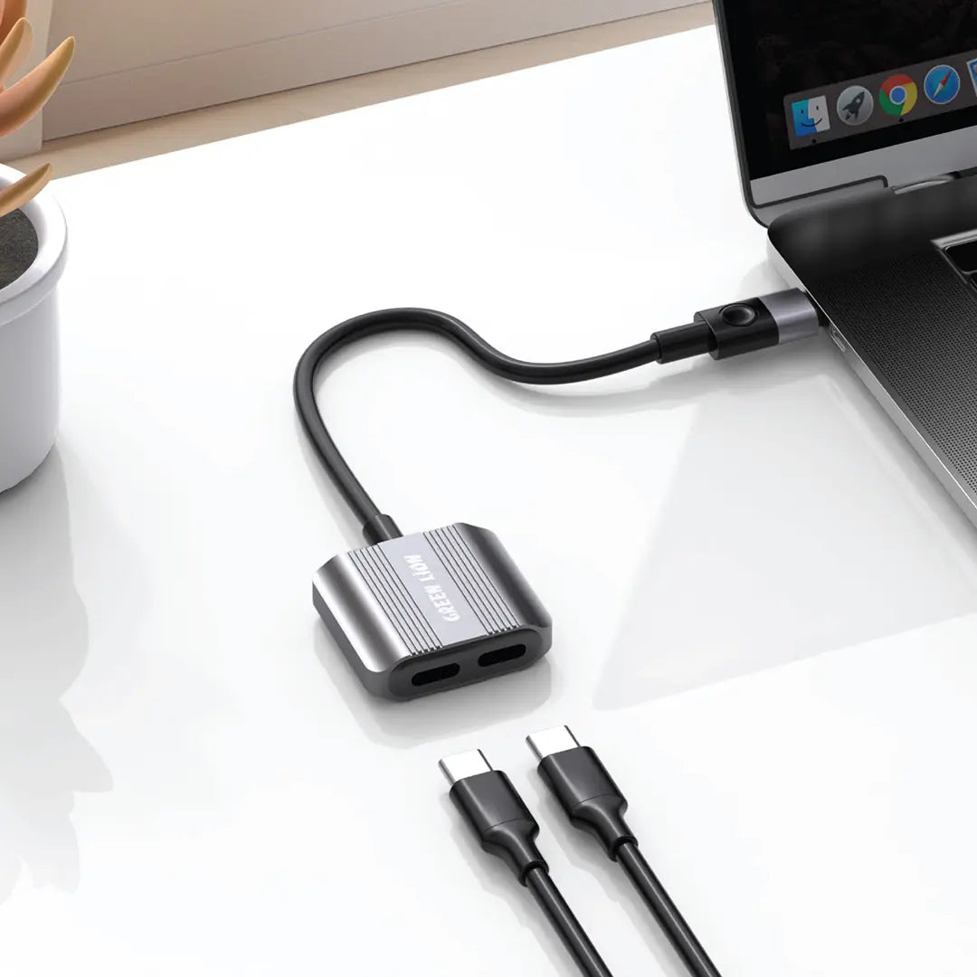 Green Lion 2 In 1 Splitter Adapter Type-C to Dual Type-C Gray - توصالة تايب سي 2 في 1 من كرين