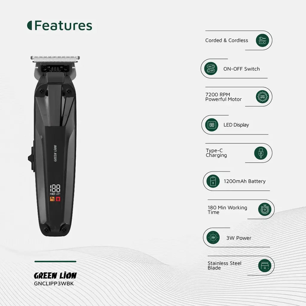 Green Lion Clip Master Professional Hair Clipper Black - ماكنة حلاقة احترافية مع شاشة رقمية من كرين اسود