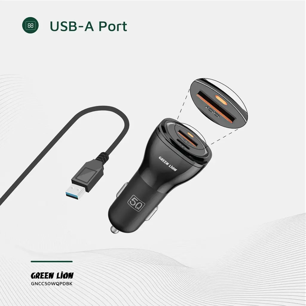 Green Lion Dual Port Car Charger 50W (PD 30W + QC 20W) USB-C to Lightning Cable 1M - Black- شاحن سيارة مزدوج المنافذ من غرين لايون بقدرة 50 واط