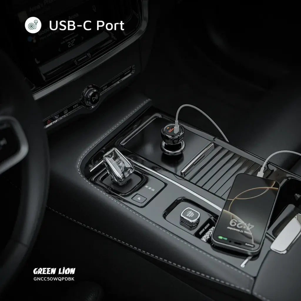 Green Lion Dual Port Car Charger 50W (PD 30W + QC 20W) USB-C to Lightning Cable 1M - Black- شاحن سيارة مزدوج المنافذ من غرين لايون بقدرة 50 واط