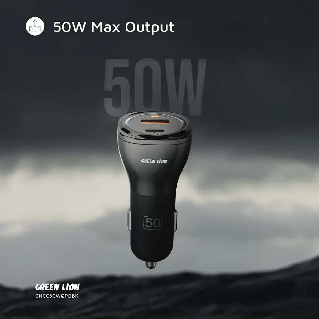 Green Lion Dual Port Car Charger 50W (PD 30W + QC 20W) USB-C to Lightning Cable 1M - Black- شاحن سيارة مزدوج المنافذ من غرين لايون بقدرة 50 واط