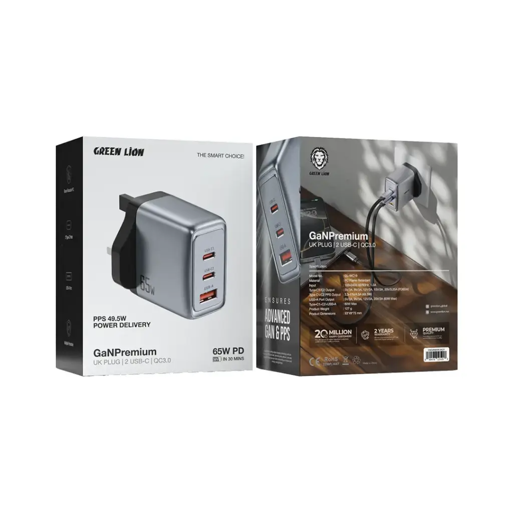 Green Lion GaNPremium UK Plug PD 65W Gray - شاحن 65 واط من كرين رمادي
