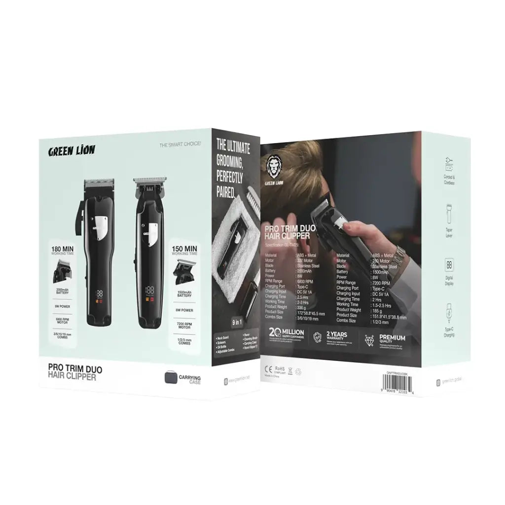 Green Lion Pro Trim Duo Hair Clipper Black - ماكنة حلاقة 8 واط من كرين اسود
