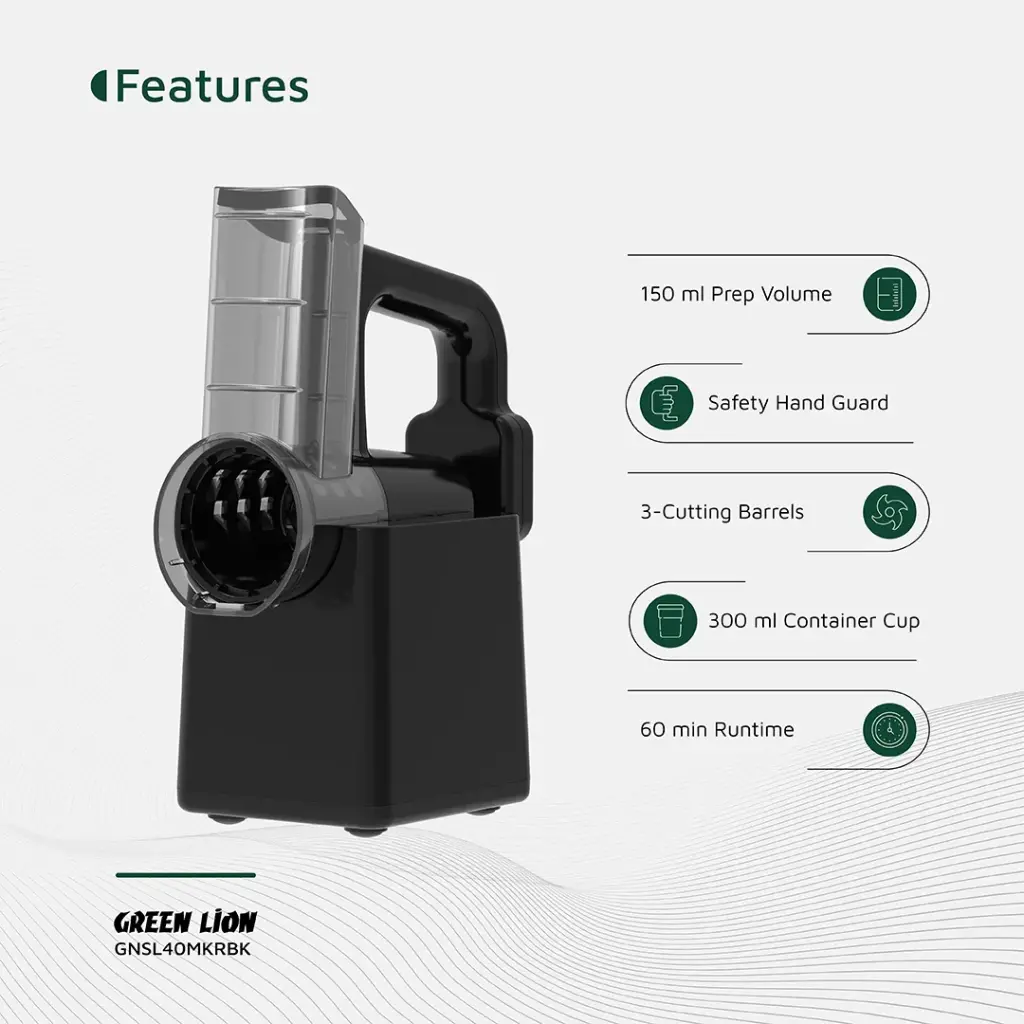 Green Lion Salad Maker Slicing Chopping Shredding Black - ماكنة تحضير السلطة لتقطيع وبرش وفرم الخضار والفواكه 40 واط من كرين اسود