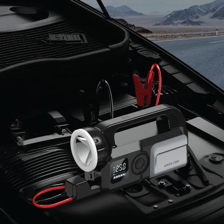 Green Lion Savior 12V Jump Starter 8L Gasoline 6L Diesel Engines  Gray - جهاز تشغيل بطارية السيارة 12 فولت مع منفاخ اطارات من كرين