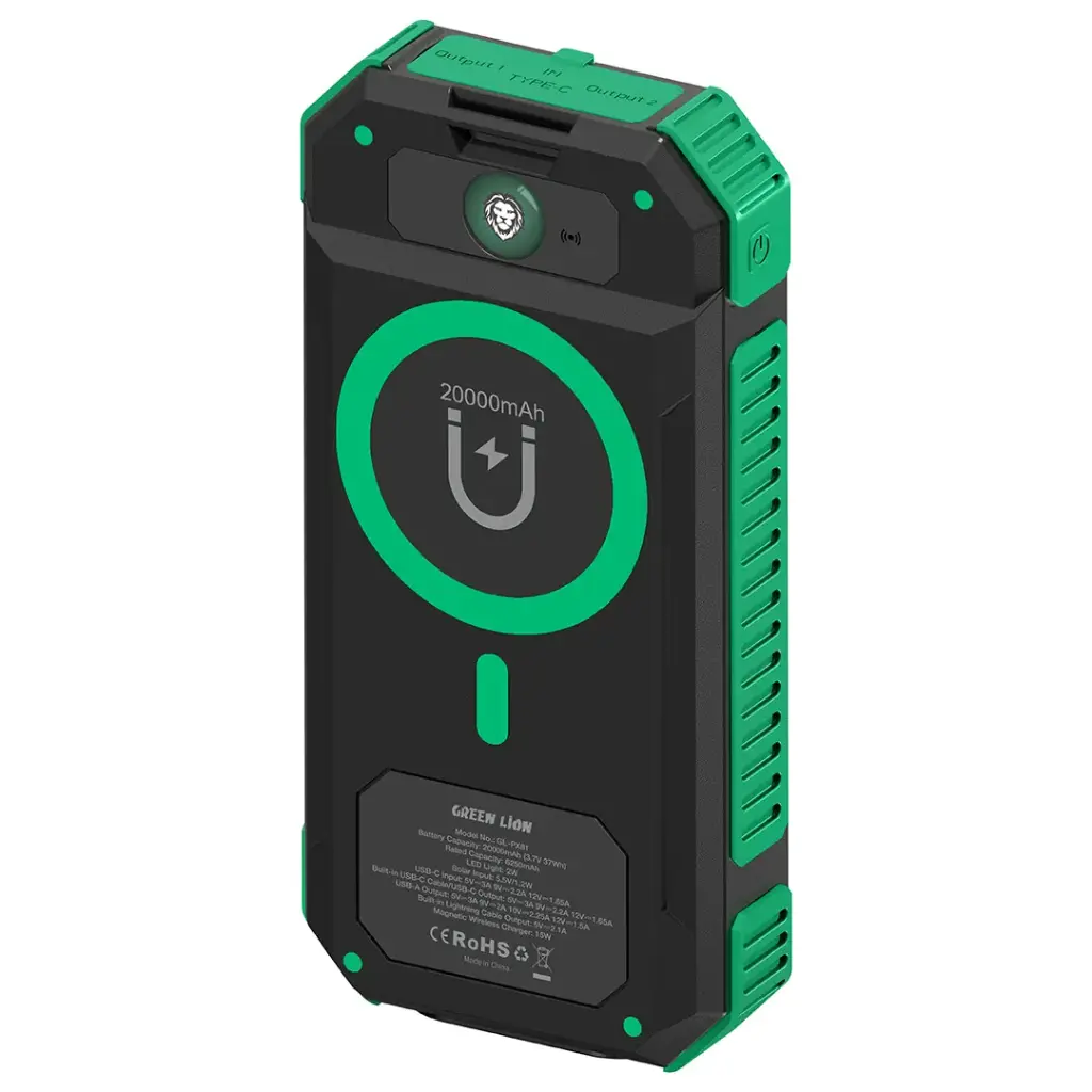 Green Lion Solar Flex Power Bank 20000mAh PD 20W Green and Black - باوربنك 20000 ملي امبير 20 واط مع شحن بالطاقة الشمسية من كرين