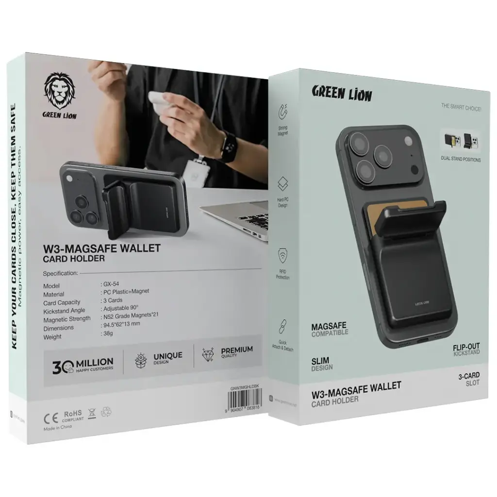 Green Lion W3- Magsafe Wallet Card Holder Black - محفظة بطاقات مغناطيسية من كرين