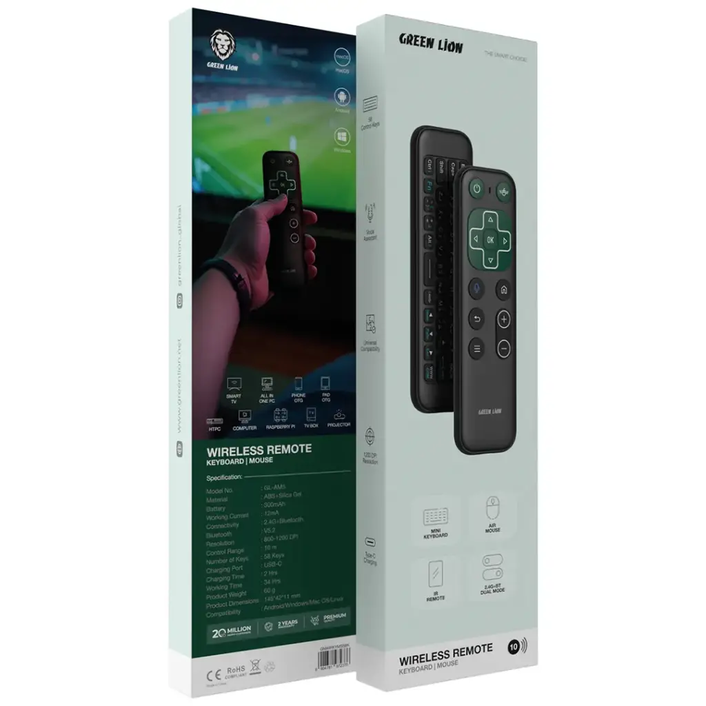 Green Lion Wireless Remote with Keyboard and Mouse - Black- ريموت لاسلكي من غرين لايون مع كيبورد وماوس – أسود