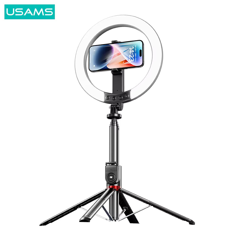 USAMS ZB323 10-inch Live Stream Stand With Fill Light 1200mAh Length: 2.3m Black - رنك لايت مع ستاند مبايل بطول 2.3 متر مع بطارية محمولة 1200 ملي امبير من يوسامس اسود
