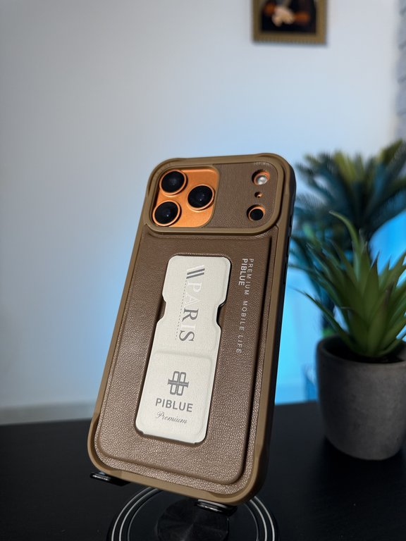 PIBLUE CASE FOR IPHONE 17 PRO MAX LEATHER GRAY - كفر ايفون 17 برو ماكس مع ستاند رمادي