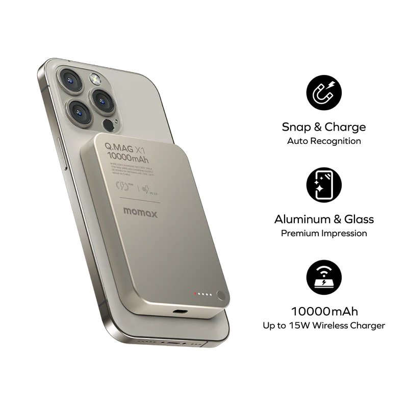 MOMAX Q.MAX X1 10000mAh WIRELESS BATTERY PACK TITANIUM - باوربنك 10000 ملي امبير ماك سيف من موماكس لون تيتانيوم