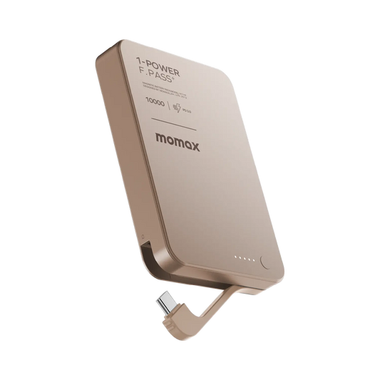 Momax 1-Power Mini 10,000mAh Bulit-in foldable USB-C Battery pack Gold - باوربنك 10000 ملي امبير مع كيبل تايب سي مدمج 30 واط من موماكس ذهبي