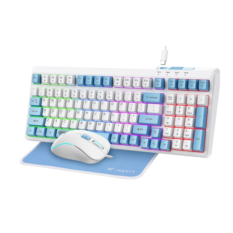 Havit KB897CM Keyboard & Mouse Combo White & Blue - كيبورد وماوس وماوس باد من هافيت