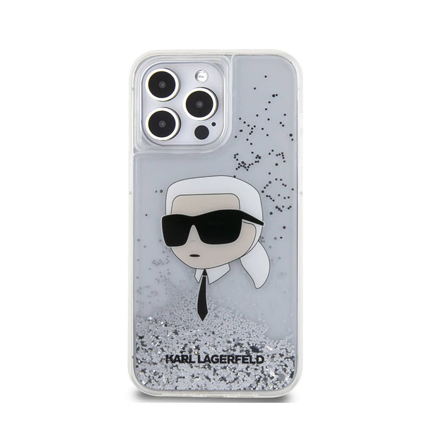 Karl Lagerfeld Liquid Glitter Hard Case With NFT Karl Head For iPhone 16 Pro Max - كفر للايفون 16 برو ماكس من كارل لاغرفيلد شفاف