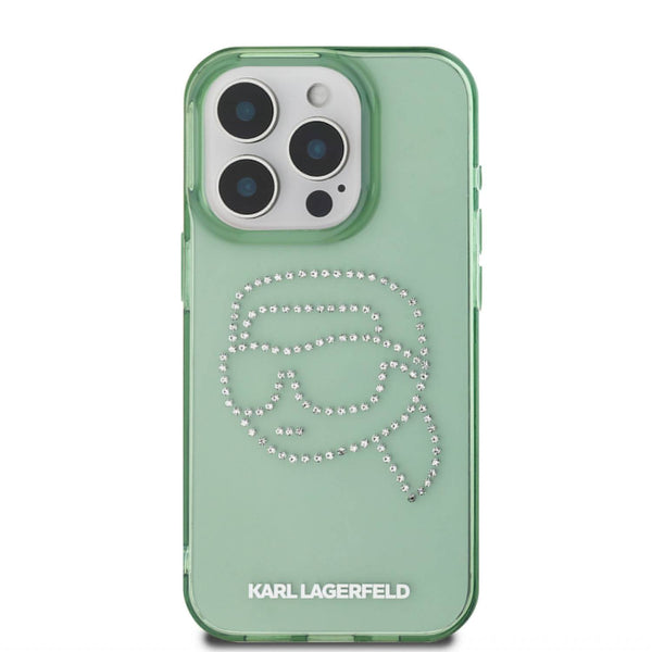 Karl Lagerfeld IML Hard Case with Rhinestones Karl Head Logo For iPhone 16 Pro Max  - كفر للايفون 16 برو ماكس من كارل لاغرفيلد اخضر