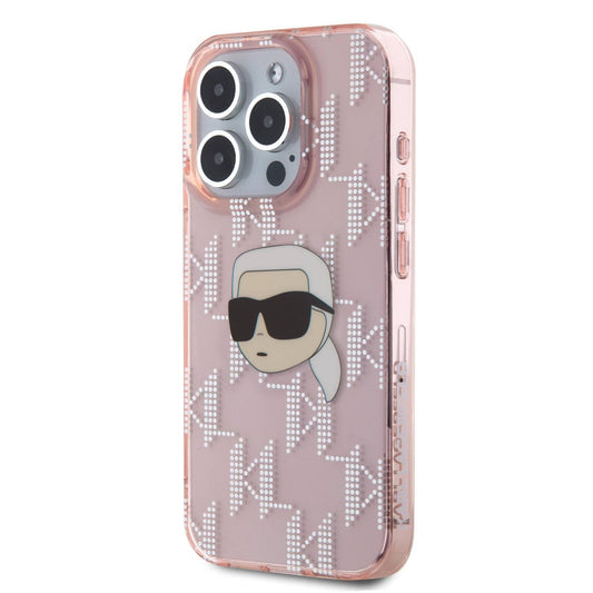 Karl Lagerfeld IML Hard Case with Electroplated Karl Head & Monogram Design For iP 16 pro max - كفر للايفون 16 برو ماكس من كارل لاغرفيلد وردي