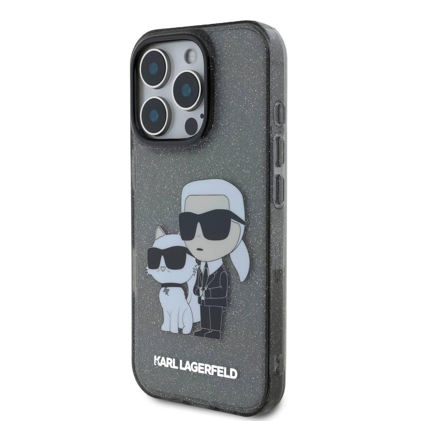 Karl Lagerfeld IML Glitter Hard Case With NFT Karl & Choupette Logo For iPhone 16 Pro Max - كفر للايفون 16 برو ماكس من كارل لاغرفيلد اسود