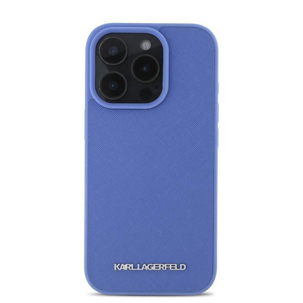 Karl Lagerfeld Saffiano Leather Hard Case With Elongated Metal Logo For iPhone 16 Pro Max Blue  -  كفر جلد للايفون 16 برو ماكس من كارل لاغرفيلد ازرق