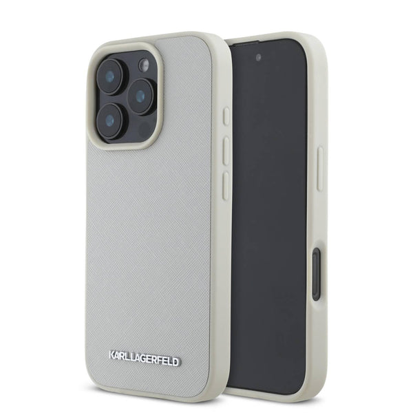 Karl Lagerfeld Saffiano Leather Hard Case With Elongated Metal Logo For iPhone 16 Pro Max Beige - كفر جلد للايفون 16 برو ماكس من كارل لاغرفيلد بيجي