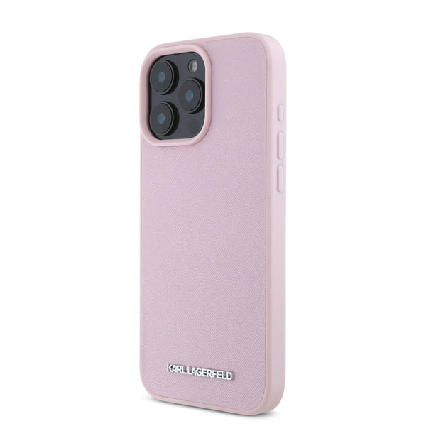 Karl Lagerfeld Saffiano Leather Hard Case With Elongated Metal Logo For iPhone 16 Pro Max Pink - كفر جلد للايفون 16 برو ماكس من كارل لاغرفيلد وردي