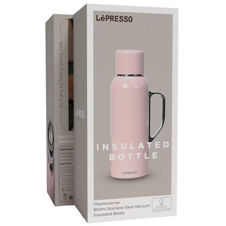 LePresso ThermoSense Stainless Steel Insulated Bottle with Temperature Gauge Pink - مطارة حرارية من الستانلس ستيل مع مؤشر حرارة 850 مل من ليبريسو وردي