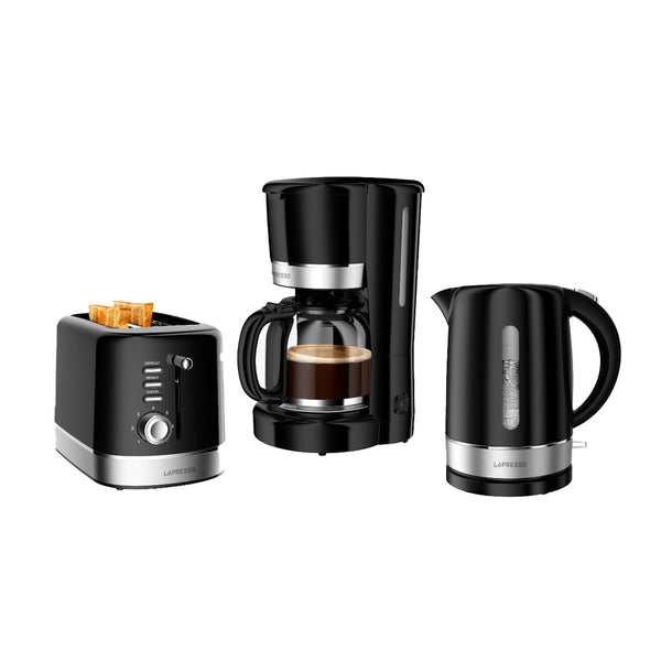 LePresso Breakfast Set 2 Slice Toaster, 1.7L Kettle and Drip Coffee Maker Black - ماكنة تحضير القهوة بالتنقيط 1.5 لتر وغلاية بسعة 1.7 لتر ومحمصة الخبز المكونة من شريحتين من ليبريسو