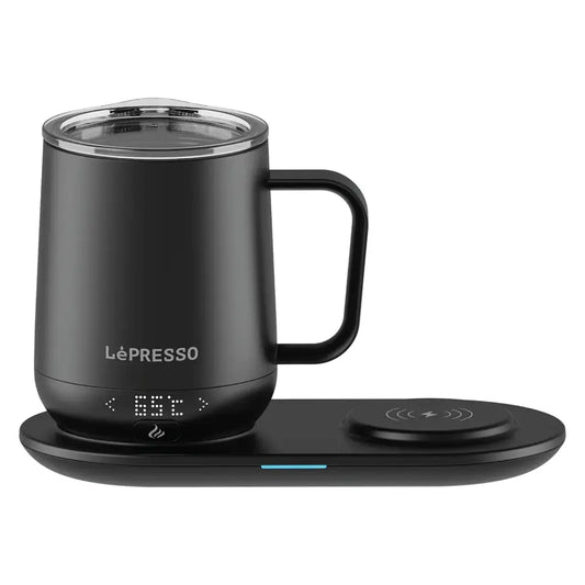 LePresso Heated Mug 12oz with Wireless Charging Pad Black - كوب تسخين ذكي سعة 355 مل مع لوحة شحن لاسلكية من ليبريسو اسود
