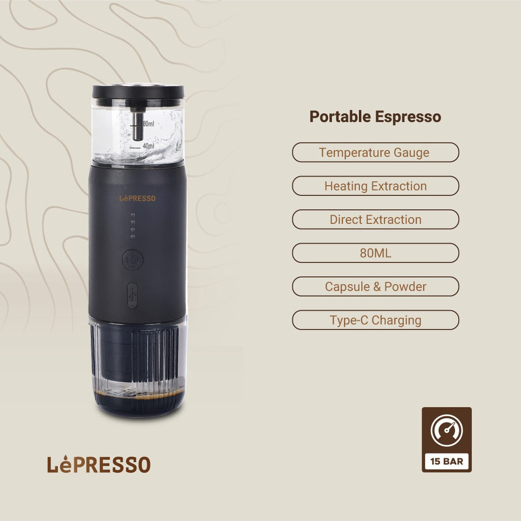 LePresso Portable Espresso Machine With Thermal Meter Black - ماكنة تحضير الاسبريسو المحمولة مع مقياس حرارة من ليبريسو اسود