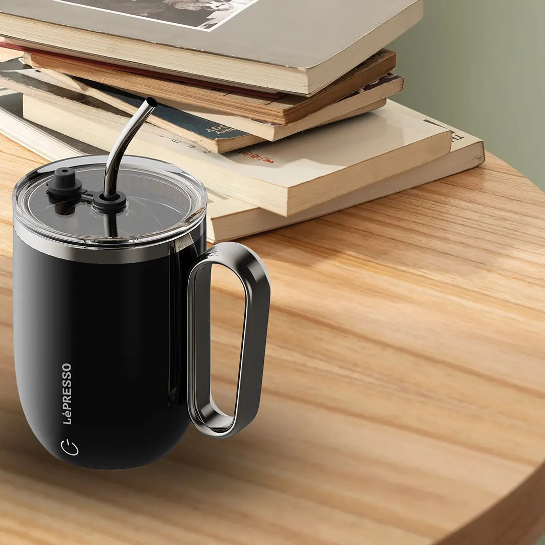 LePresso Sip Spin Auto Stirring 420ml Mug Black - كوب التحريك الذاتي   420 مل من ليبريسو اسود
