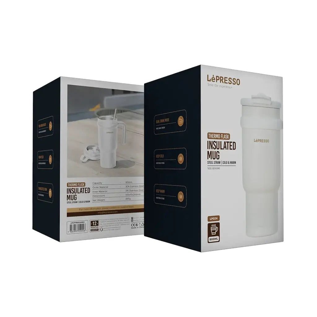 Lepresso Coffee Mug with Stainless Straw 900ml White - كوب قهوة  مع قصبة من الفولاذ المقاوم للصدأ 900 مل من ليبريسو ابيض