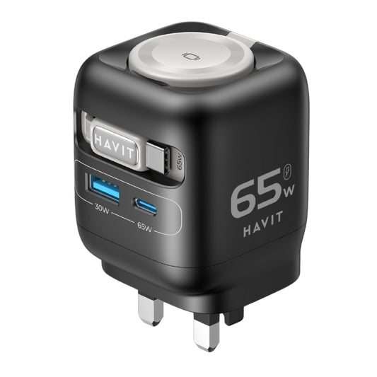 Havit UC252 UK 65W GaN Travel Charger with Stretch cable with Apple watch charger - شاحن 65 واط مع شحن لاسلكي لساعه ابل مع كيبل تايب سي مدمج من هافيت اسود