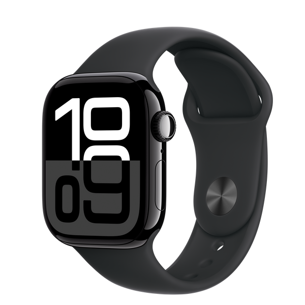 Watch Series 10 GPS 42mm Jet Black Aluminium Case with Black Sport Band S/M - ساعة ابل سيريز 10 جي بي إس 42 مم، هيكل من الألومنيوم باللون الأسود الفاحم مع سوار رياضي أسود - صغير/متوسط