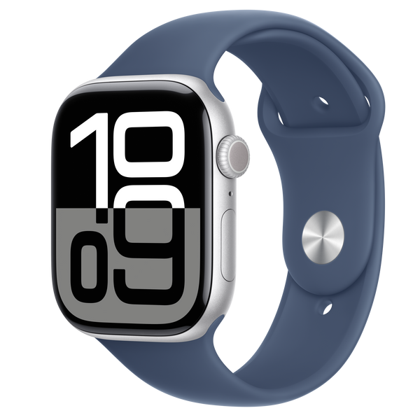 Apple Watch Series 10 GPS 46mm Silver Aluminium Case with Denim Sport Band M/L - ساعة ابل سيريز 10 جي بي إس 46 مم، هيكل من الألومنيوم الفضي مع سوار رياضي من قماش الدنيم - مقاس متوسط/كبير