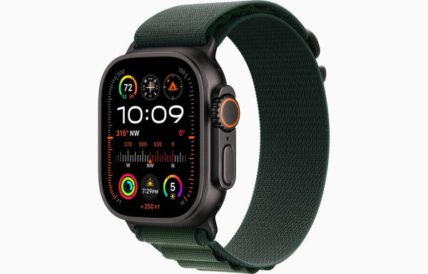 Apple Watch Ultra 2 49mm Black Titanium Case with Dark Green Alpine Loop Medium - ساعة أبل الترا 2 هيكل من التيتانيوم الأسود مقاس 49 ملم مع حزام جبال الألب باللون الأخضر الداكن - متوسط