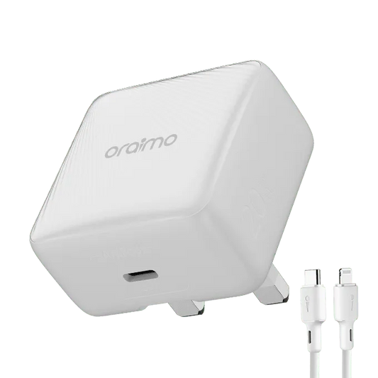 Oraimo PowerCube 20 Chic 20W GaN Wall Charger with Type-C To Lightning Cable White - شاحن 20 واط من كيبل تايب سي لايتننغ من اورايمو ابيض