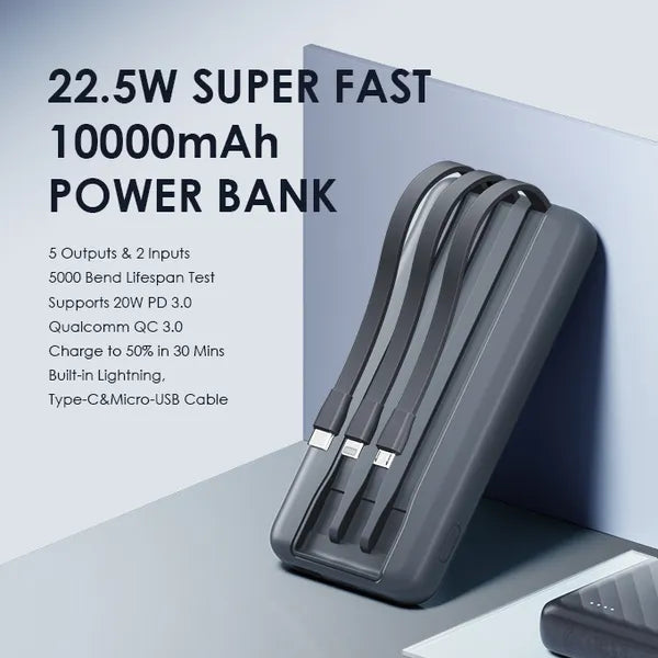 Oraimo Slice Link Pro 10000mAh 22.5W Power Bank - باوربنك 10000 ملي امبير 22.5 واط بثلاثة كابلات شحن مدمجة من اورايمو