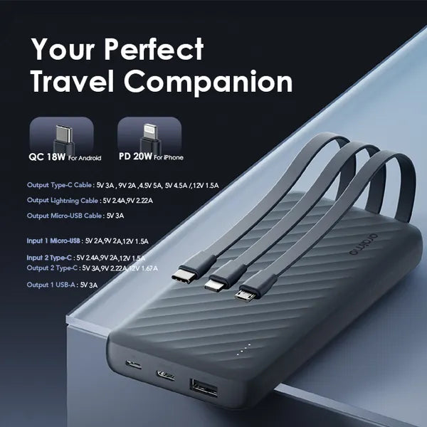 Oraimo Slice Link Pro 10000mAh 22.5W Power Bank - باوربنك 10000 ملي امبير 22.5 واط بثلاثة كابلات شحن مدمجة من اورايمو