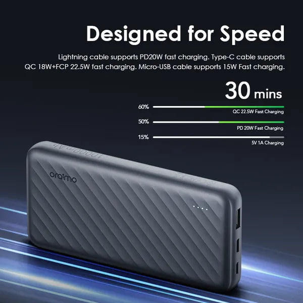 Oraimo Slice Link Pro 10000mAh 22.5W Power Bank - باوربنك 10000 ملي امبير 22.5 واط بثلاثة كابلات شحن مدمجة من اورايمو