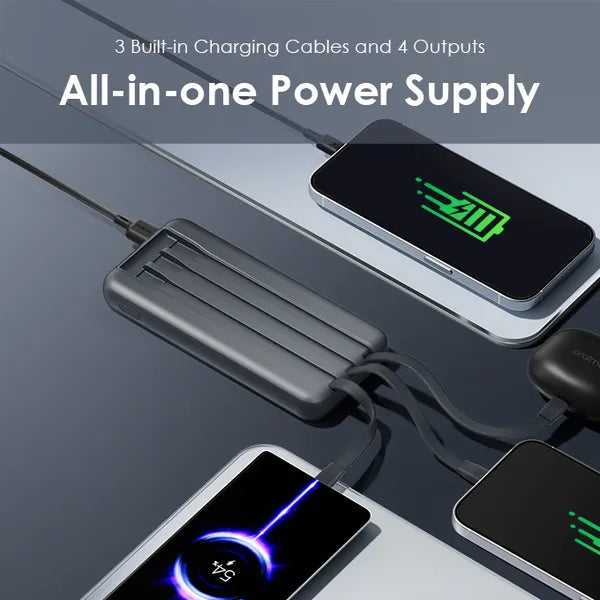 Oraimo Slice Link Pro 10000mAh 22.5W Power Bank - باوربنك 10000 ملي امبير 22.5 واط بثلاثة كابلات شحن مدمجة من اورايمو