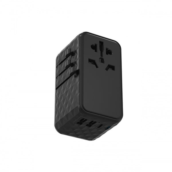 Powerology Universal Adapter 140W X2 Type C port and X2 USB A 15W port Black - شاحن عالمي للسفر 140 واط من باورولوجي اسود