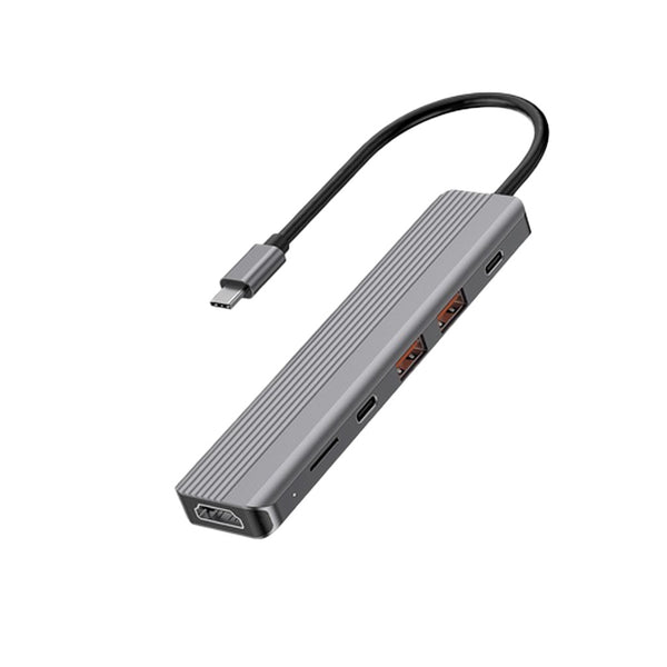 Powerology 6 in 1 Slim 4K HDMI USB-C Hub PD 100W USB MicroSD Dark Grey - توصالة تايب سي 6 في 1 من باورولوجي رمادي
