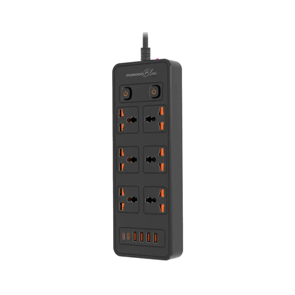 Porodo Blue 6 AC Power Socket With X2 USB-C X4 USB-A Port UK (3m wire) Black - سيار كهربائي متعدد المنافذ 3000 واط وبطول كيبل 3 متر من بورودو اسود