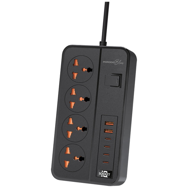 Porodo Blue 4 AC Power Socket With X4 USB-C X2 USB-A Port UK (3m wire) Black - سيار كهربائي متعدد المنافذ 3000 واط وبطول كيبل 3 متر من بورودو اسود