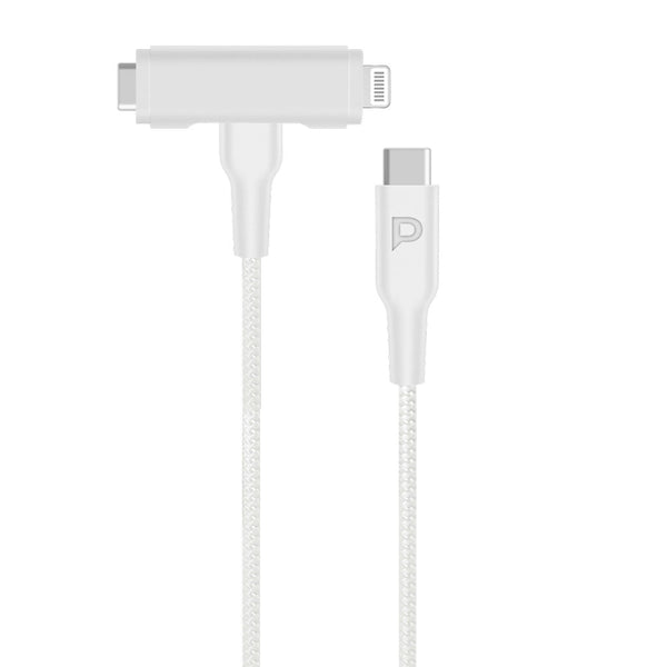 POWEROLOGY PD60W BRAIDED USB-C TO USB-C TO LIGHTNING CABLE - كيبل شحن تايب سي تو (تايب سي + لايتننغ ) 60 واط من باورولوجي ابيض