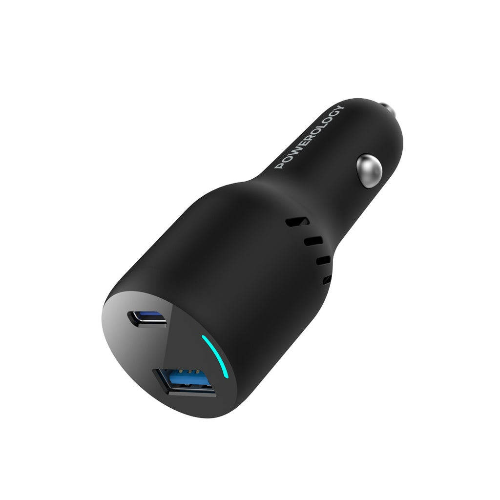 Powerology 65W PD + QC3.0 LED Dual Ports Car Charger Black - شاحن سيارة 65 واط ثنائي المنفذ من باورولوجي اسود