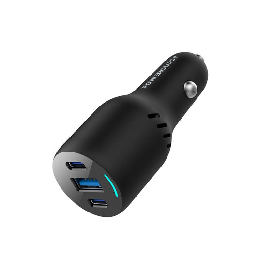 Powerology PD65W + PD20W + QC18W LED Triple Ports Car Charger Black - شاحن سيارة ثلاثي المنافذ بقوة اجمالية 85 واط من باورولوجي اسود