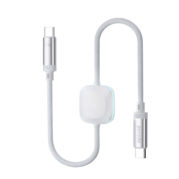 Porodo 2in1 USB-C to USB-C 60W Cable with  Wireless Watch Charger 1.2M White - كيبل تايب سي تايب سي 60 واط مع مع شاحن ساعة لاسلكي 1.2 متر من بورودو