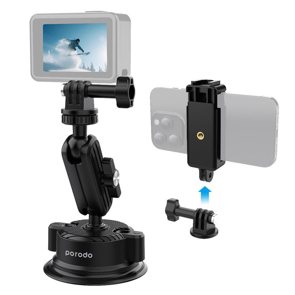 Porodo 2in1 Mobile and Camera Mount with Suction Base Black - ستاند سيارة للهاتف والكاميرا 2 في 1 مع قاعدة شفط من بورودو