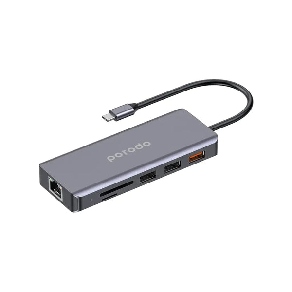Porodo 9in1 USB-C Hub Type-C PD 100W HDMI Ethernet USB SD Card 3.5mm Aux Grey - توصالة تايب سي 100 واط 9 في 1 من بورودو رمادي